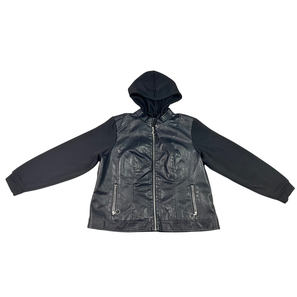 Baccini Womens Plus 1X Faux Leather Mixed Media Hooded Moto Jacket Black Zip